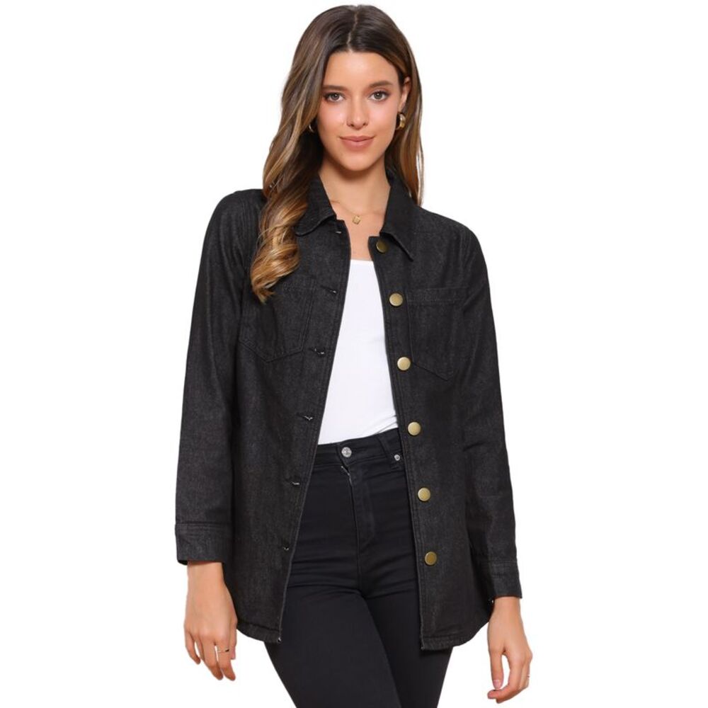 Button Up Long Sleeves Washed Casual Denim Jacket Black